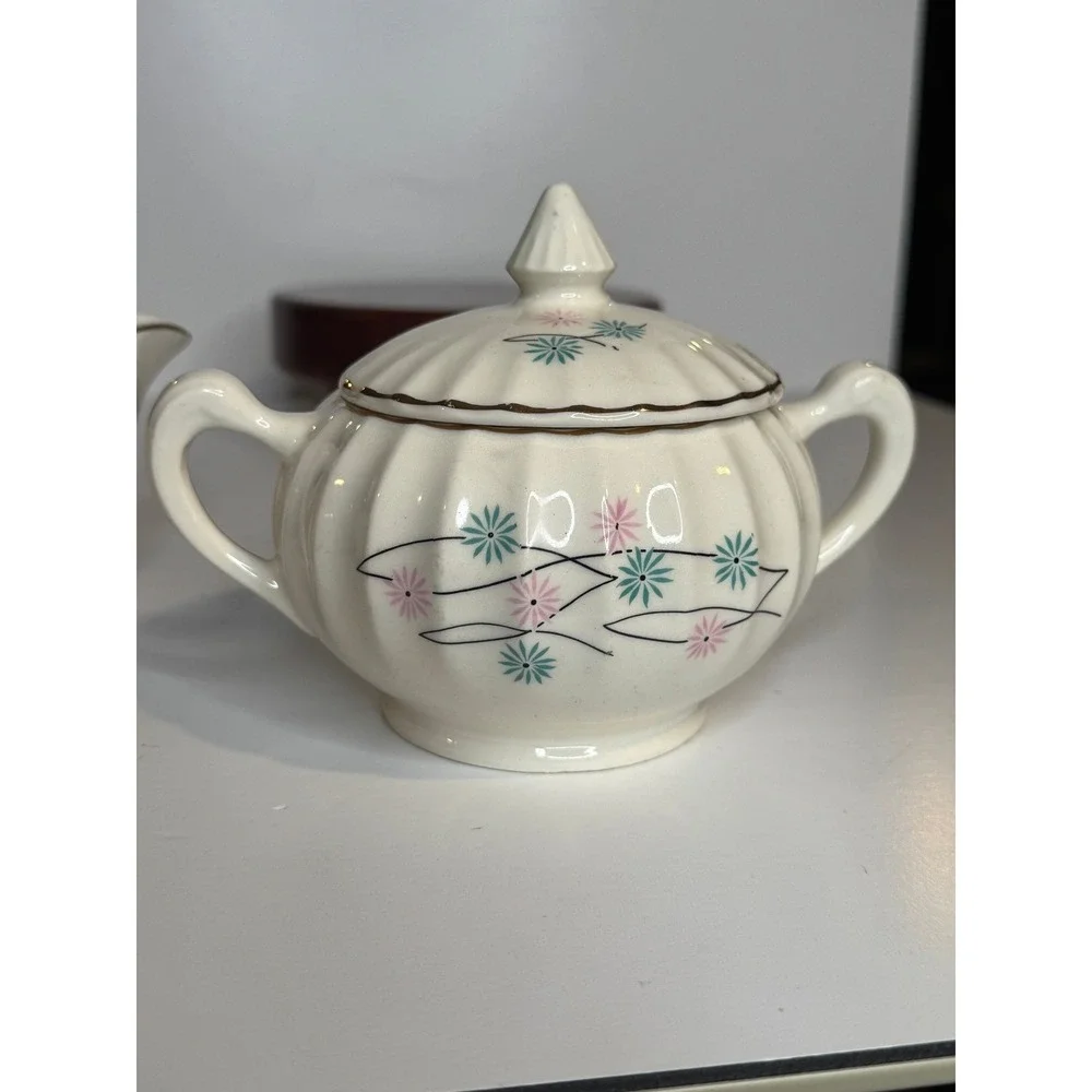 Vintage Atomic Starburst Creamer Sugar Set MCM Pink Blue‎ Floral Gold Trim